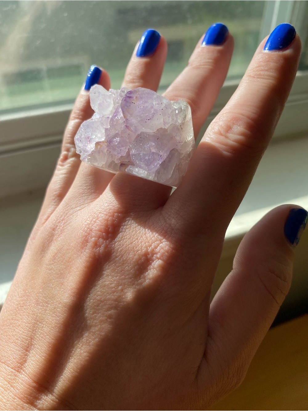 Raw Druzy Bold Amethyst Carved Stone Statement Ring - Purple Crystal